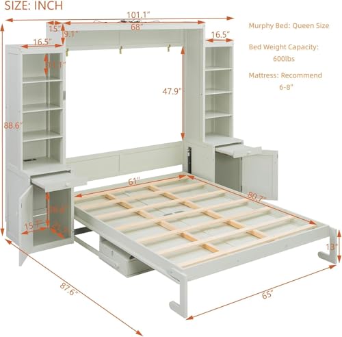 Image of Merax Queen Size Murphy Bed with Desk and Lights, Power Outlet, Foldable Murphy Cabinet Bed with Open Storage Shelves & Drawers, Wood Space-Saving Hidden Wall Bed for Guest Room Office, Antique White