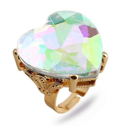 Big Diamond Heart Promise Open Band Ring for Women Vintage CZ Gold Plated Adjustable Expandable Geometric Statement Rings Comfort Fit Fashion Engagement Wedding Birthday Christmas Jewelry Gift (White AB)