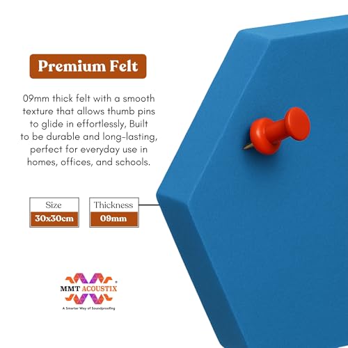 Image of MMT Acoustix PinFelt Hexagon Bulletin Board - Set of 7 12x12 inch Felt Office Pin Board Tiles for Notes Reminders & Work Organisation Self-Adhesive, Pin-Friendly, Acoustic Panels for Wall (Carolina)