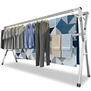 Étendoir à linge pliable inox type tancarville, etendoir linge interieur et exterieur, sechoir a linge reglable 140–240 cm, grande capacite, jusqu’à 60 kg par barre, avec 40 crochets coupe vent