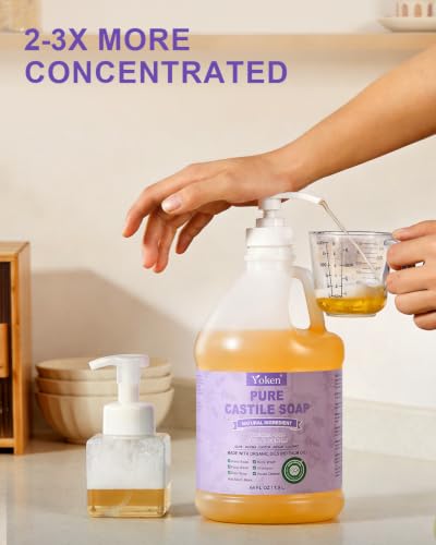 Image of Yoken Lavender Castile Soap Liquid 64 OZ, EWG Verified Made with Certified Organic Oils, Gentle Lavender Soap for Body Wash, Face, Hands, Dishes, Laundry & More, Vegan Organic Versatile Cleanser