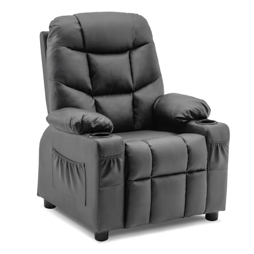 Image of MCombo Big Kids Recliner for Ages 3+, Child Reclining Chair, Toddlers Recliner Sofa with Cup Holders (Faux Leather, Dark Grey)