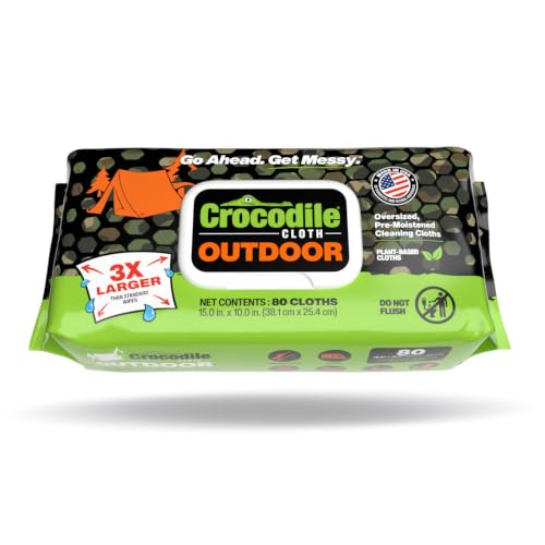 Image of Crocodile Cloth Outdoor Cleaning Wipes, Plant-Based Multi-Surface Wipes, Pre-Moistened, Aloe & Vitamin E, Safe on Skin, 80 Count, 15 x 10 Inch