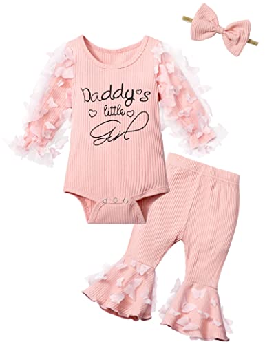 Image of Baby Girl Outfit 0-3 Months,Daddy's Girl Baby Outfits Baby Girl Bell Bottoms Mesh Daisy Outfits Long Sleeve Romper + Flare Pants + Headband 3Pcs Baby Girl Outfits Pink