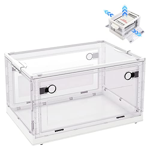 BTGGG Collapsible Storage Box Medium 30L Stackable Clear Plastic Wardrobe Storage Box Organizer 41 * 30 * 25cm, 3 Sides Openable for Easy Access, Folding Containers Bin for Books Toys Clothes(White)