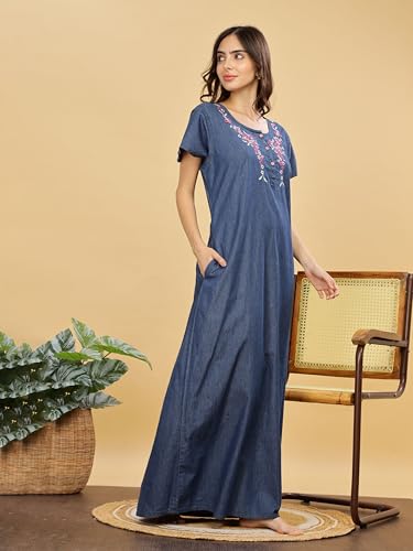 Image of 9shines Label Stylish Denim Cotton Nighty Maxi for Women | Full Length Trendy Nightgown | Premium Nightdress | Nightwear | Embroidery Nighty with Pocket (9SDS)