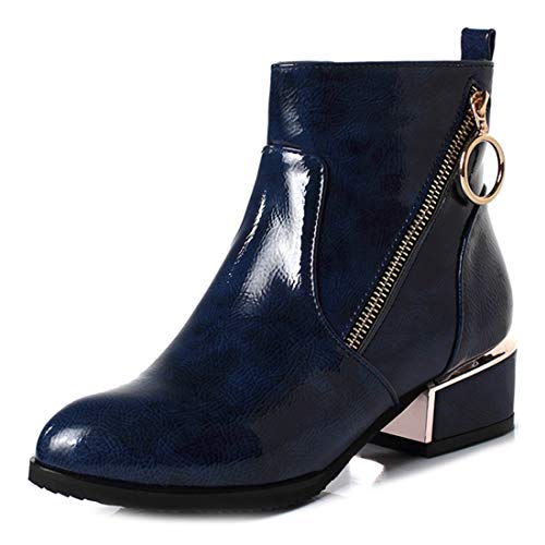 VOKLIN Women's Fashion Round Toe Dressy Ankle Booties Metallic Leather Zipper Mid Heel Chelsea Short Boots