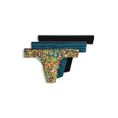 Jockey Men's Underwear True Style Thong - 3 Pack, Bright Tropics/Black/Shoreline Stripe, 2XL