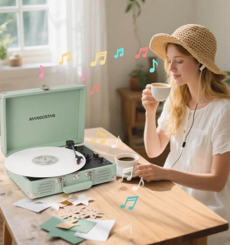 Image of Vintage Bluetooth Record Player, 3-Speed Belt Drive, Green | Classic vintage style with belt-driven performance, Bluetooth, stereo speakers, AUX-in, RCA output and headphone jack.