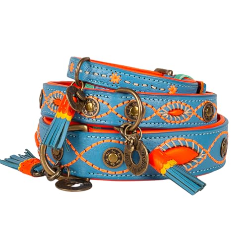 Dog with a Mission - Hundehalsband XXS | Blau, Orange, Bestickt | Boho, Ethno, Urban, Hippie | Kleine Hunde | Handgemacht | Modisch und Bunt | Aus weichem Echtes Leder | 2 cm Breit