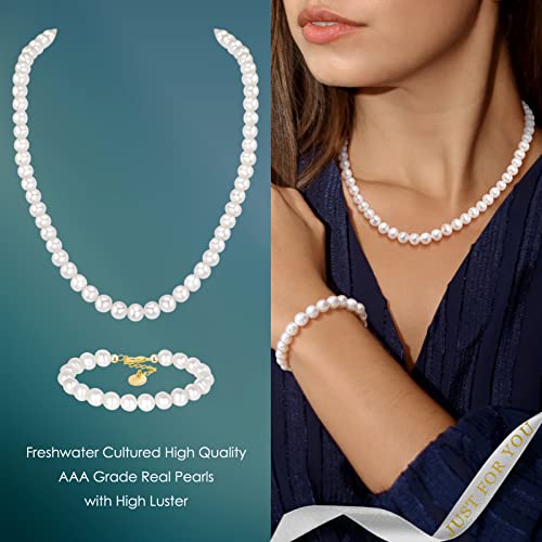 Shownii White Freshwater Cultured Pearl Necklace For Women Genuine Natural Pearl Bracelets Choker Necklace 14K Gold Plated Chain Bracelet Set Necklace For Gift For Girls 18 Inch #TOP4