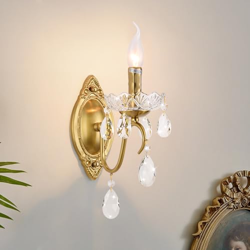 Image of Vintage Wall Sconces, Gold wall sconces Gold Crystal Wall Light, 1-Light Wall Lighting with Crystal Glass Shade, Matte Brushed Antique Brass Finish, Wall Lamp for Bathroom,Hallway(E12 Base)