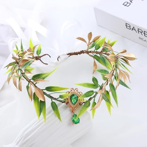 LEEMASING Serre-tête elfe des bois avec feuilles vertes et strass pour fête prénatale, fête de mariage, plage, voyage, festival – vue 2