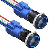Wrexon 2PCS 16mm Latching Push Button Switch 12V DC, Waterproof LED Angel Eye Power Button with Wire Socket Plug for 0.63' Mounting Hole Self-Locking (Blue)