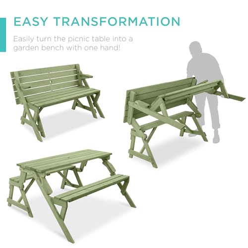 Image of Best Choice Products 2-in-1 Transforming Interchangeable Outdoor Wooden Picnic Table Garden Bench for Backyard, Porch, Patio, Deck w /Umbrella Hole - Sage Green