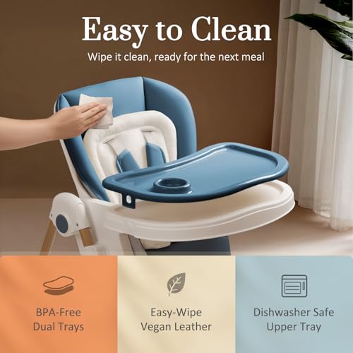 Image of Foldable High Chairs for Babies and Toddlers, 3-in-1 Convertible Baby High Chair with Removable Soft Cushion and Tray, Adjustable Height & Recline, Lockable Wheels, Dark Blue