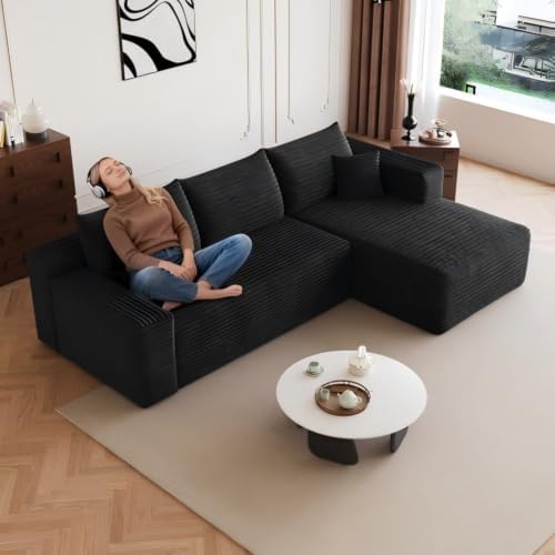 Vigor 95" Cloud Sectional Sofa,Modern Minimalist Upholstered Couches Comfort Shaped Sofa for Living Room Deep Seat Corner Couch No Assembly Required Black (Plush Corduroy Fabric) - 2