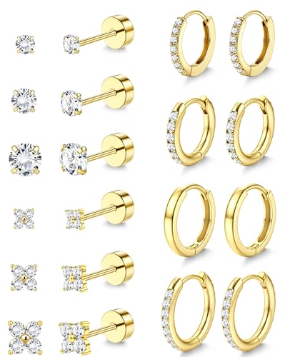 YADOCA Hypoallergenic Gold Stud Hoop Earrings for Women - Surgical Stainless Steel Flat Back Earrings 14K Gold Cartilage Hoops Earring Stacks Small Flatback Stud Earring Sets for Multiple Piercing