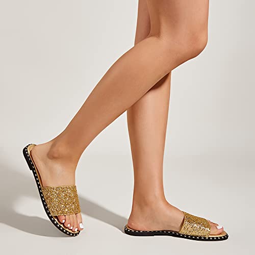Image of Women's Open Toe Flat Sandals Rhinestone Glitter On Casual Fashion Slippers Quick Drying Indoor & Outdoor Slides