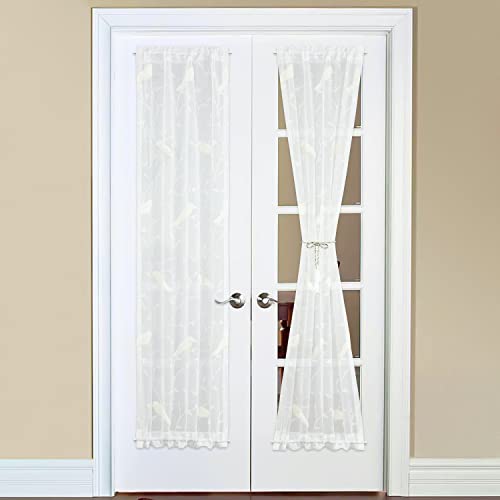 VOGOL Sheer Door Curtains 72 Inch Long, Birds Pattern Patio Door Curtain for Sliding Door with Tieback, Top and Bottom Rod Pockets Solid Treatment, 1 Piece