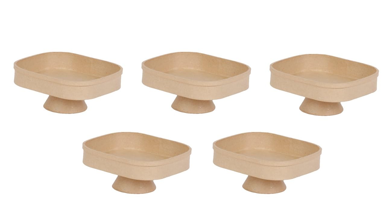 Décopatch HD066Cpack - Un Lot de 5 Supports en Papier brun mâché 16x14x7 cm, Plateau sur pied rectangulaire