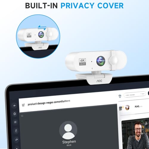 Image of AOC White 4k Webcam for PC with Microphone, Computer Camera with Noise Cancellation, Privacy Cover, 99 FOV, Plug & Play USB Webcam for Streaming, Conferencing, Zoom, Skype, Facetime