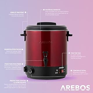 Arebos Autocuiseur automatique 1800 W | 28 l | avec minuterie, thermostat et protection contre la surchauffe | réglable en continu de 30 à 110 °C | Avec pelle et entonnoir de conservation | Rouge