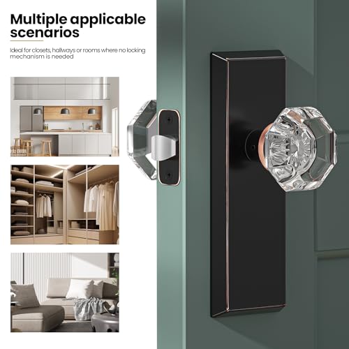 Image of Glass Door Knobs for Interior Doors - Vintage Crystal Passage Closet & Hallway Door Knob - Diamond Cut Door Handle - Oil Rubbed Bronze Finish (1 Pack)