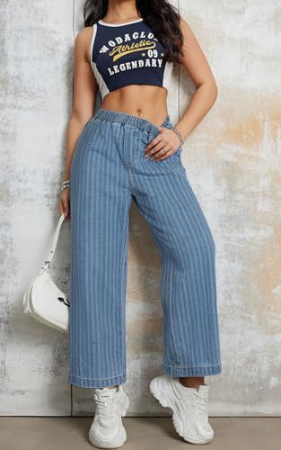 loveimgs Women Baggy Striped Denim Pants Elastic High Waisted Straight Leg Jeans Y2k Stripe Pull On Wide Leg Jeans Sweatpants3