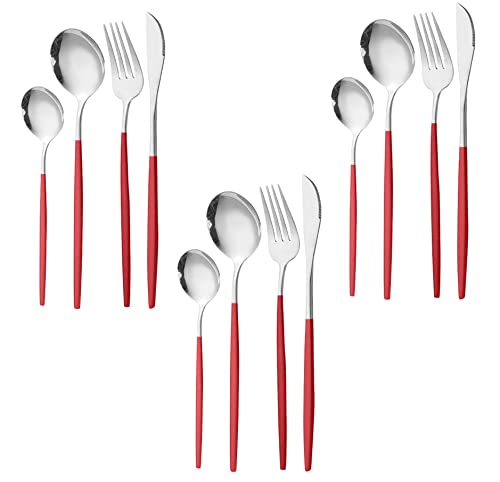 Image of Stainless Steel Flatware Set - Mirror Polished Cutlery for Dinner, Kitchen Utensil with Fork, Spoon, Knife Silverware Tableware Lunch Box(Red-Blue, Set of 12)
