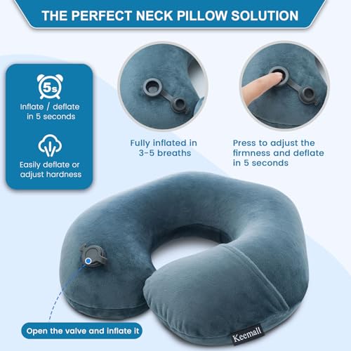 Image of Keemall Inflatable Neck Pillow - Premium Soft Velvet Travel Pillow for Airplane, Train & Bus Travel, Ergonomic U-Shape for Neck Pain Relief, Lightweight Compact with Washable Cover