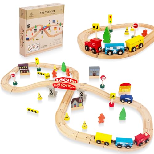 WoodenEdu 60Pcs Train Set for Toddlers, Bridge & Double-Side Wooden Train Set Tracks, Fits Brio, Thomas, Melissa and Doug, Kids Gift Toys for 3 4 5 Years Old Boys Girls