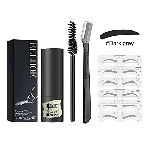 Eyebrow Stamp Stencil Kit, Long Lasting Waterproof Buildable Eyebrow Stamp Makeup, One Step Eyebrow Stamp Shaping Kit with 12 Reusable Eyebrow Stencils , Eyebrow Pen Brushes and Trimmer (Dark Grey )