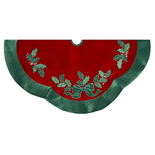 Kurt Adler 48  Velvet Red with Green Leaves Applique Treeskirt