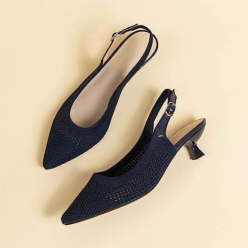 Image of youngshow Women's Slingback Kitten Heels for Work | Knit, Low Heels, Elastic Back Strap, Slip on, Pumps for Office, Wedding, Party