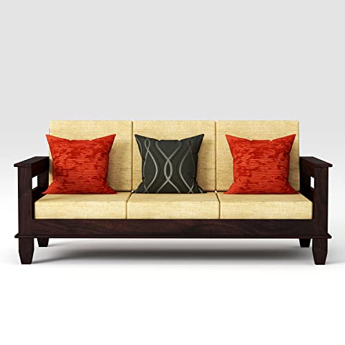 Image of Solid Sheesham Teak Wood Wooden Sofa Set 5 Seater Home Furniture Living Room | (Wooden Sofa Set 3+1+1) |Teak Wood Furniture | Sofa Set 5 Seater | Without Pillow | Cream Cushions