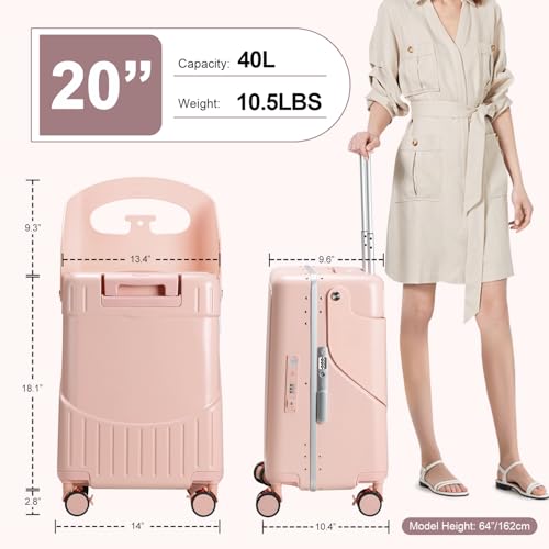 Ride On Luggage with Foldable Seat for Kids&Adults with Seat Belt,Hardshell Ride On Suitcase with Front Pocket,Lockable 4-Spinner Wheels,USB Port,TSA Lock,20 inch,Pink2