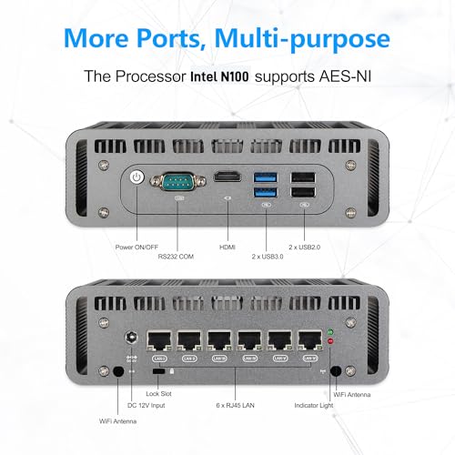 Image of Fanless Firewall Mini PC 12th CPU Intel N100(up to 3.4GHz), 6 x Intel 2.5GbE i226 LAN Ports, Network Gateway Soft Router AES NI /HD /COM / 8GB DDR5 128GB M.2 NVME SSD