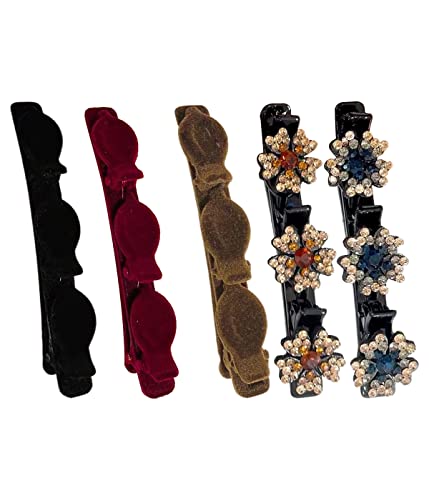 5 Stück Haarspange mit Kristallblume,geflochtene Satin-Stoff-Haarbänder, mit 3 Mini-Haarspangen, große Haarspangen für Dickes Haar,Entenbill Clips geflochtene Haarklammern für Frauen Mädchen Cover