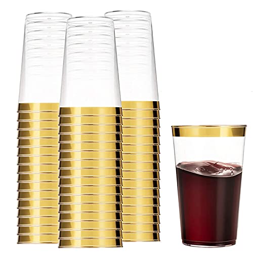 Paquete de 100 vasos de plástico dorado, vasos de plástico transparente de 12 oz, vasos antiguos con borde dorado, vasos de boda desechables elegantes, vasos de fiesta elegantes con borde dorado Cover
