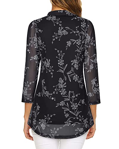 Valolia 3/4 Sleeve Tops For Woman, V Neck Double Layered Lightweight Blouse Women's Elegant Sophisticated Office Wear Strechy Breathable Not See Through Drape Shirt Pleated Floral Multi Black L #TOP1