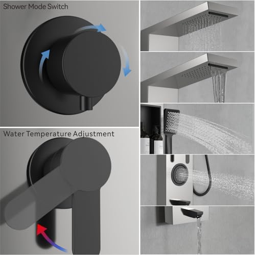 ELLO&ALLO Shower Panel System Tower with Shelf, Rainfall and Waterfall Head Rain Massage Stainless Steel Bathroom Fixtures with Adjustable Body Jets, Brushed&Black