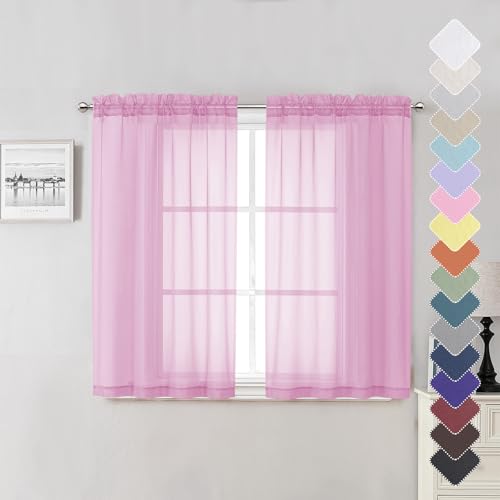 Lecloud Light Pink Sheer Curtains 45 Inch Length 2 Panels, Airy Voile Curtains for Windows, Farmhouse Light-Filtering Curtain for Bedroom Bathroom Kitchen, Each Panel 42 X 45 Inch