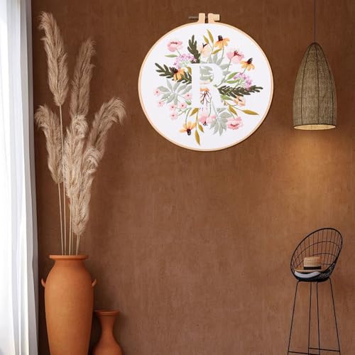 Image of IUHUI Embroidery Kit for Beginners Adults - 26 Floral Letters Easy Patterns, DIY Hand Stitching Embroidery Set with Hoop (Flower and Grass Letter R)