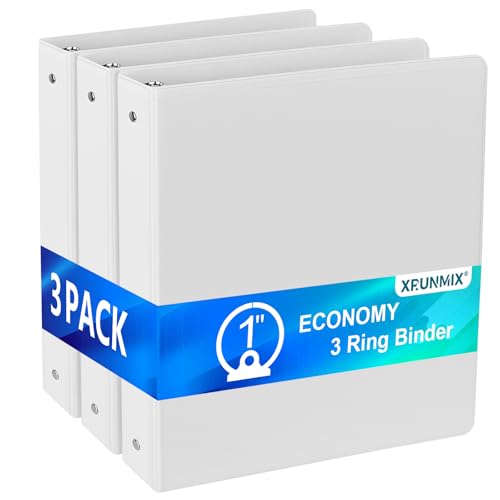 Bulk 3 Packs 1'' Economy 3-Ring Binders, 1 Inch Round Rings, US Letter Size 8.5'' x 11'', 200 Sheets Capacity, ClearVue Presentation View, Non-Stick, White (3)