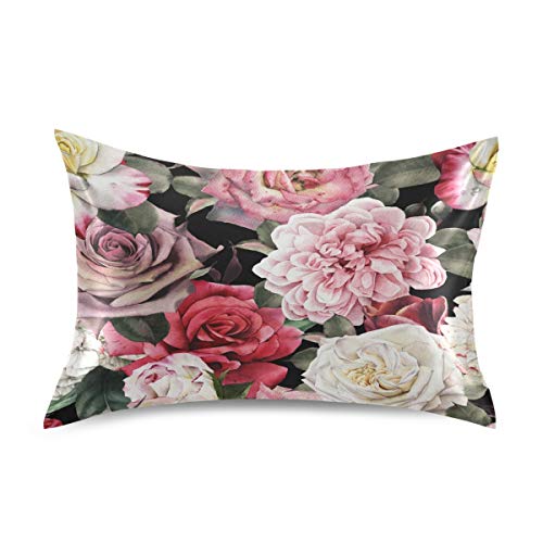 YKMustwin Satin Pillowcase for Hair and Skin Silk Pillowcase Standard Size Vintage Rose Flower Pattern Pillow Cases Cooling Satin Pillow Covers with Envelope Closure