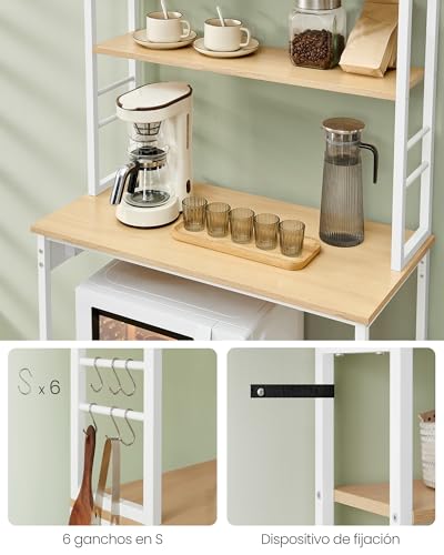 VASAGLE Estantería de Cocina con Enchufes, Estantería de Pie para Cocina, Estantería para Microondas, 6 Estantes y 6 Ganchos, Marco de Acero, 40 x 80 x 167 cm, Roble Dorado y Blanco Nube KKS119Y02 - imagen 7