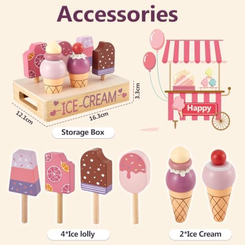 HERSITY Ice Cream Play Set Wooden Play Food Kitchen Toys, Ice Cream Stand Pretend Play for Toddlers 3-5 Gifts Girls Boys — view 4