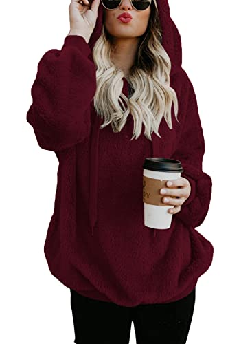 Reachme Womens Oversized Sherpa Pullover Hoodie With Pockets Fuzzy Fleece Sweatshirt Tie Dye Fluffy Coat(A Burgundy,L) #TOP1