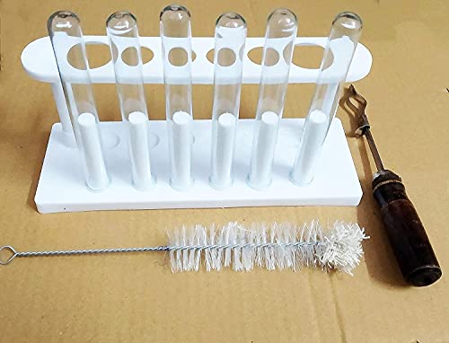 Image of Borosilicate 3.3 Glass Test Tubes 15X125MM (6 pcs) with Plastic Test Tube Stand (White) and Test Tube Holder with Free Test Tube Cleaning Brush Combo of 9 Products